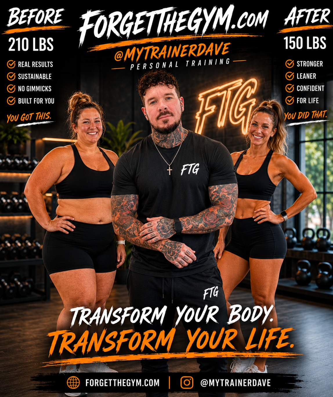 Forget The Gym client transformation — 210 lbs to 150 lbs, stronger, leaner, confident, for life