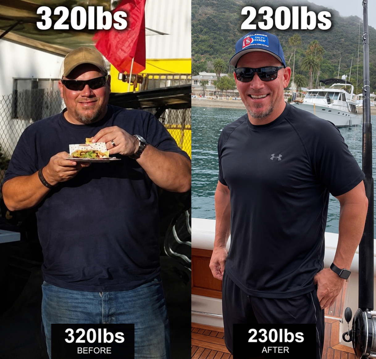 Before and after — 90 pounds down, photographed on the boat
